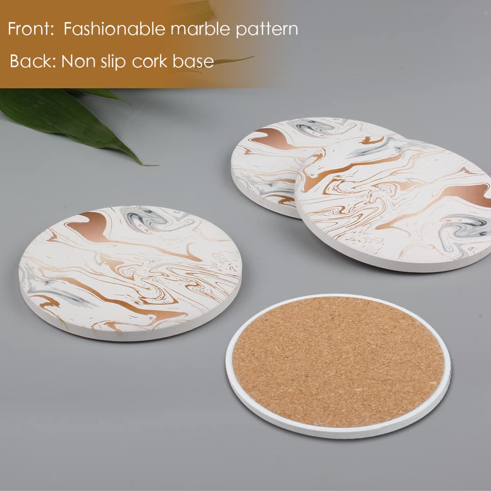 Marble Coasters for Drinks Absorbent with Cork Base, 8pcs Drink Coasters for Wooden Table with Metal Holder, Gold Ceramic Cup Coaster Set Rustic Home Decor for Living Room Bar Housewarming Gifts 4 ''