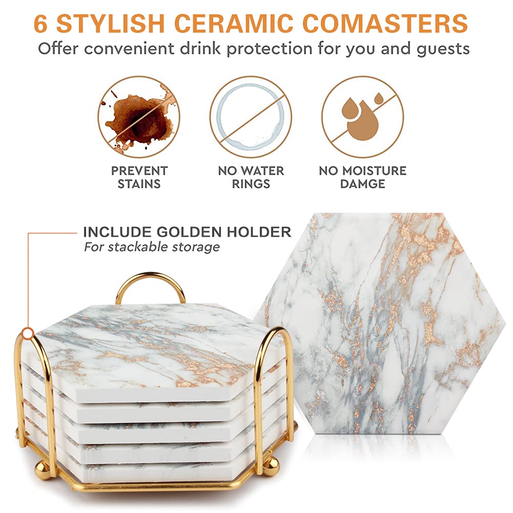 Marble Coasters for Drinks Absorbent with Cork Base, 8pcs Drink Coasters for Wooden Table with Metal Holder, Gold Ceramic Cup Coaster Set Rustic Home Decor for Living Room Bar Housewarming Gifts 4 ''