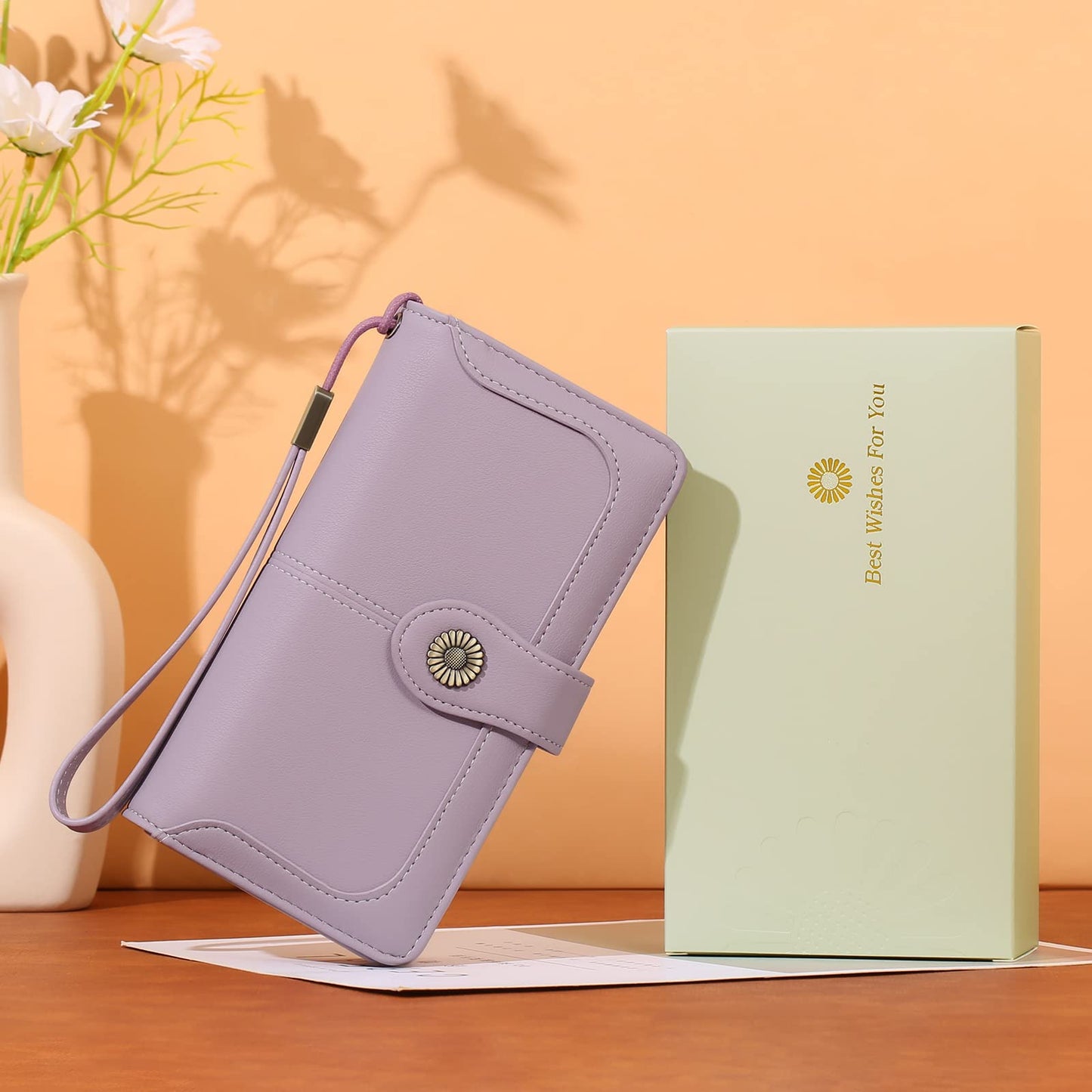 SENDEFN Genuine Leather Purses for Women, RFID Large Ladies Purse, Wallet for Women with Wrist Strap