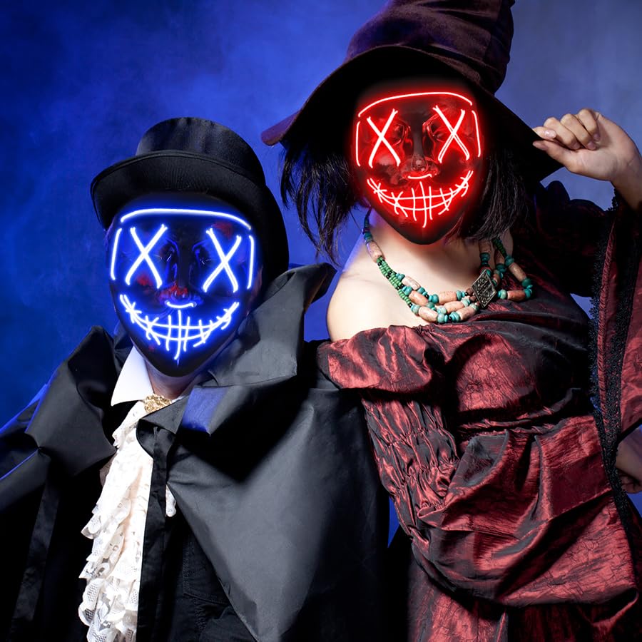AnanBros Scary LED Halloween Mask, Light up Mask Cosplay, LED Rave Face Mask Costume 3 Lighting Modes, Halloween Face Masks for Men Women Kids