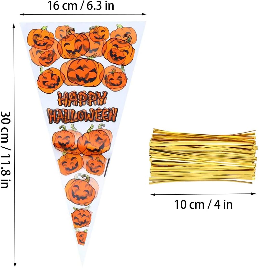 RFWIN 100Pcs Pumpkin Cone Bag Halloween Clear Cellophane Treat Bags Party Favor Bags with Gold Twist Ties for Candy Cookies