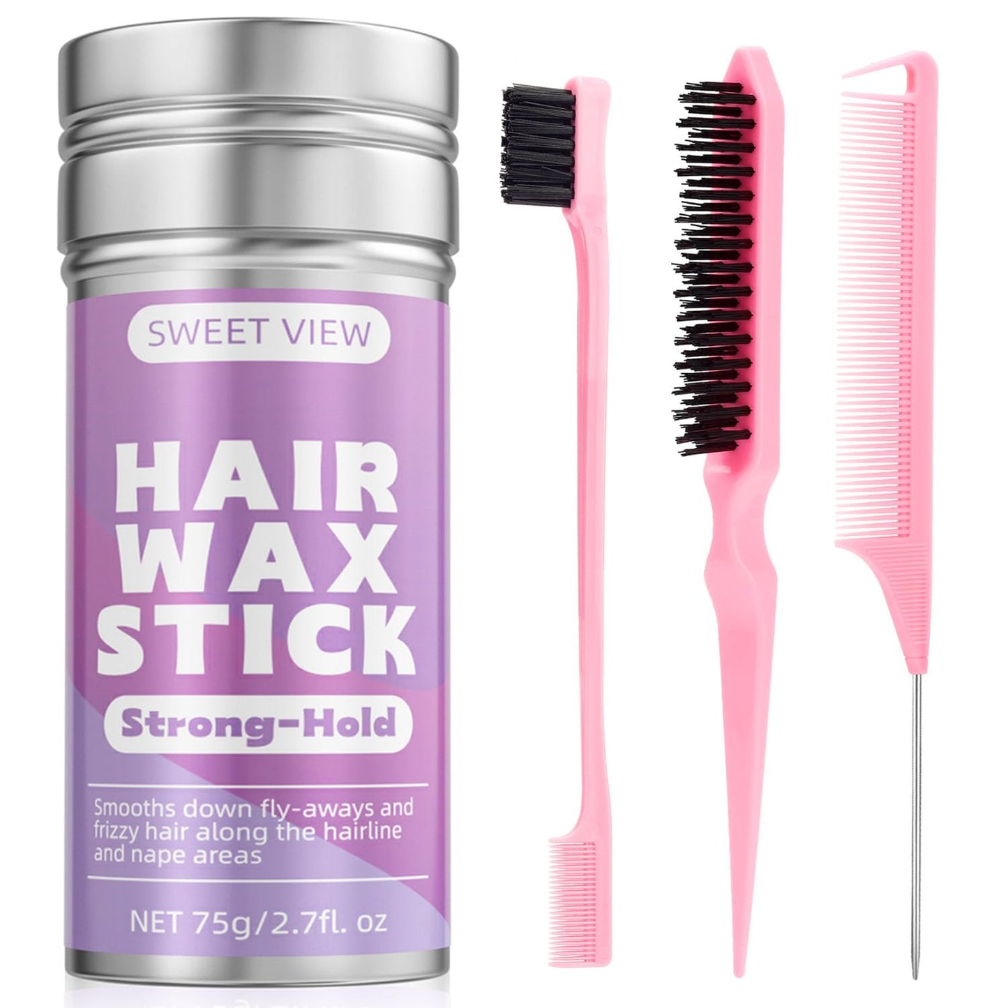SWEET VIEW Hair Wax Stick & Slick Back Hair Brush for Tame Flyaways, Frizz, Sleek Ponytail, Buns | Pomade/Balm/Gel Stick for Woman, Styling Accessories for Girls, Kids