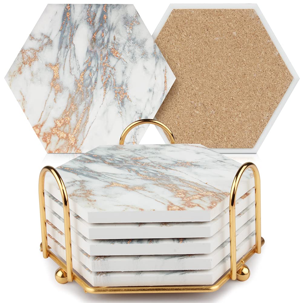 Marble Coasters for Drinks Absorbent with Cork Base, 8pcs Drink Coasters for Wooden Table with Metal Holder, Gold Ceramic Cup Coaster Set Rustic Home Decor for Living Room Bar Housewarming Gifts 4 ''