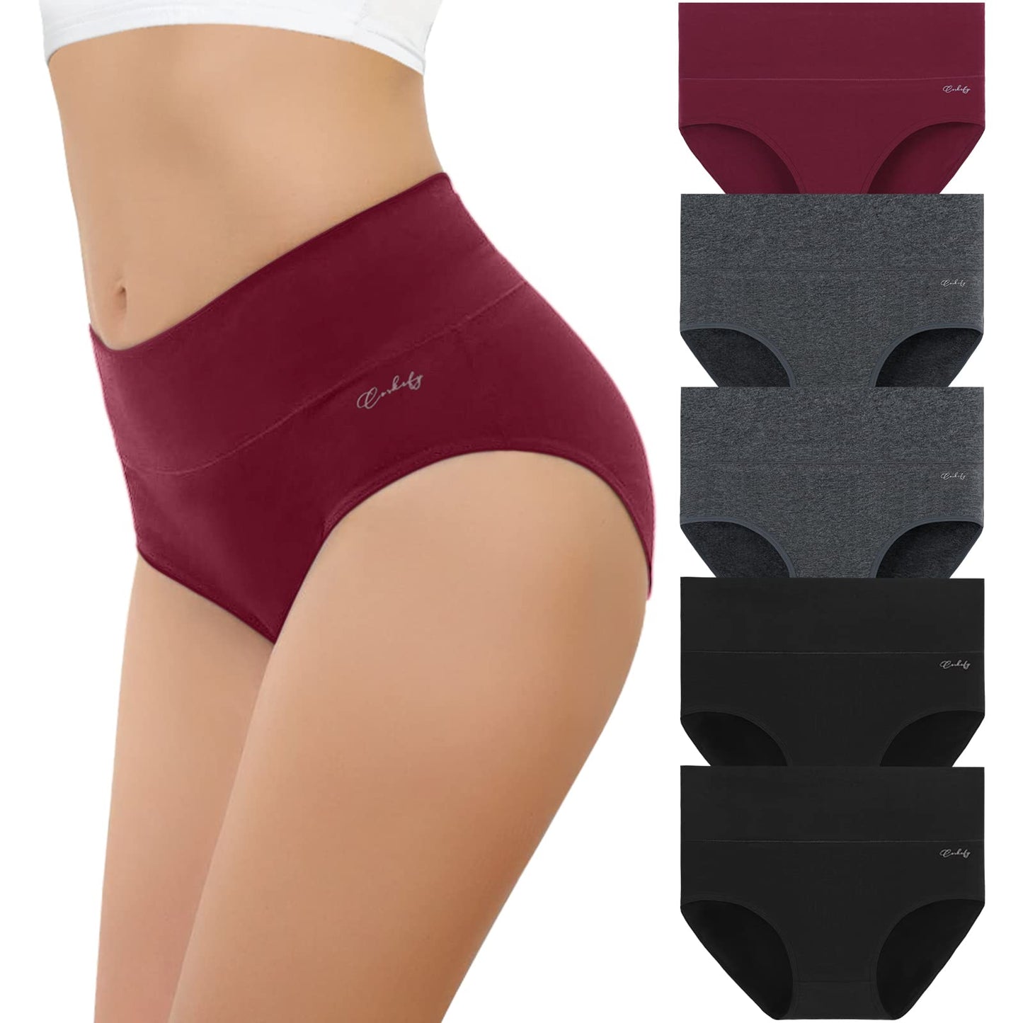 coskefy Underwear Women, High Waisted Cotton Knickers Ladies Full Briefs Soft Panties Slight Tummy Control Pants 5 Pack