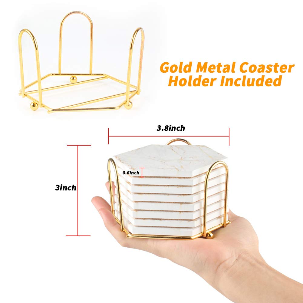 Marble Coasters for Drinks Absorbent with Cork Base, 8pcs Drink Coasters for Wooden Table with Metal Holder, Gold Ceramic Cup Coaster Set Rustic Home Decor for Living Room Bar Housewarming Gifts 4 ''