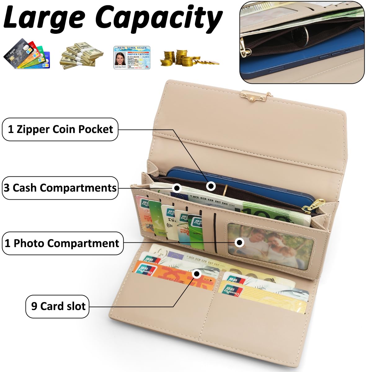 Long Purse for Women PU Leather, Large Capacity PU Leather Women's Wallet Wallet for Women with Multiple Card Slots and Coin Zipper Pocket Ladies Purse Clutch Holder Large Capacity Card Holder (Pink)