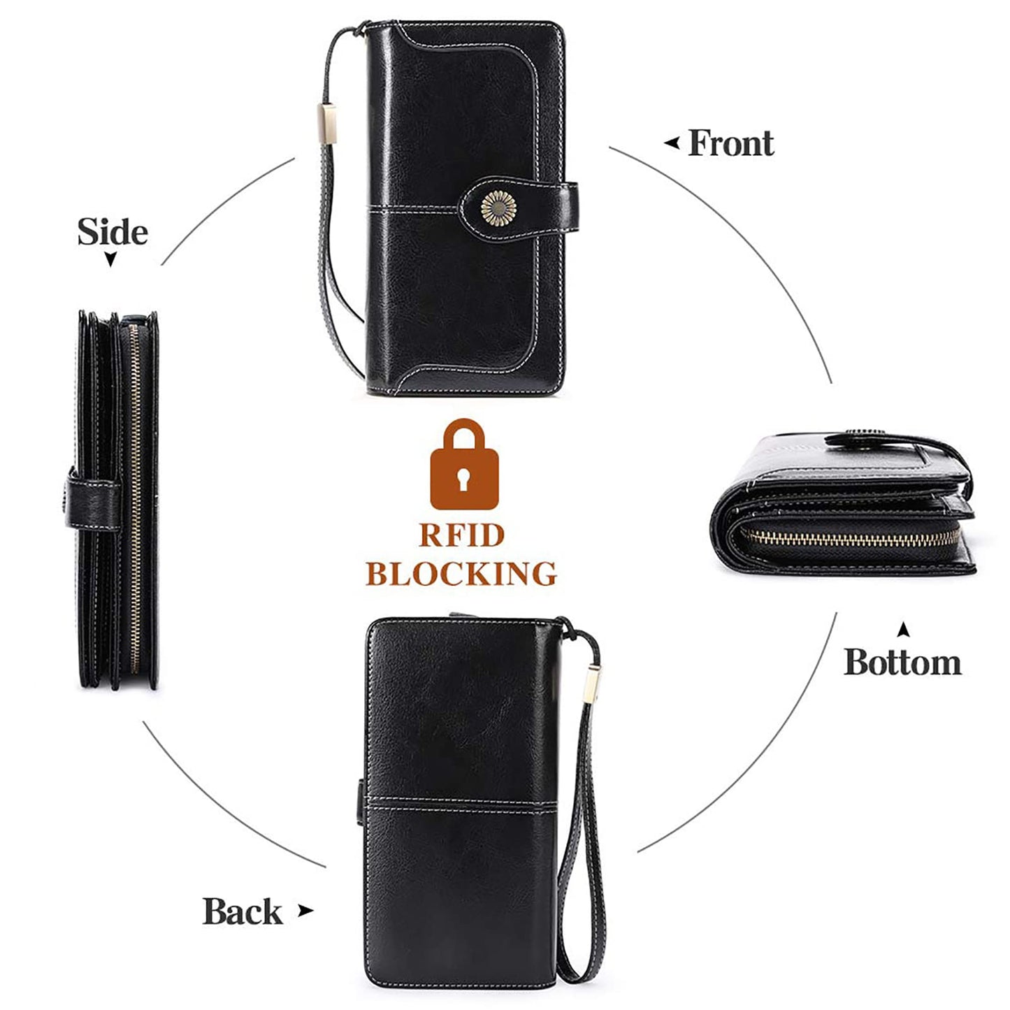 SENDEFN Genuine Leather Purses for Women, RFID Large Ladies Purse, Wallet for Women with Wrist Strap