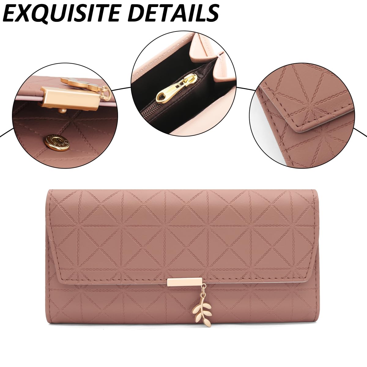 Long Purse for Women PU Leather, Large Capacity PU Leather Women's Wallet Wallet for Women with Multiple Card Slots and Coin Zipper Pocket Ladies Purse Clutch Holder Large Capacity Card Holder (Pink)