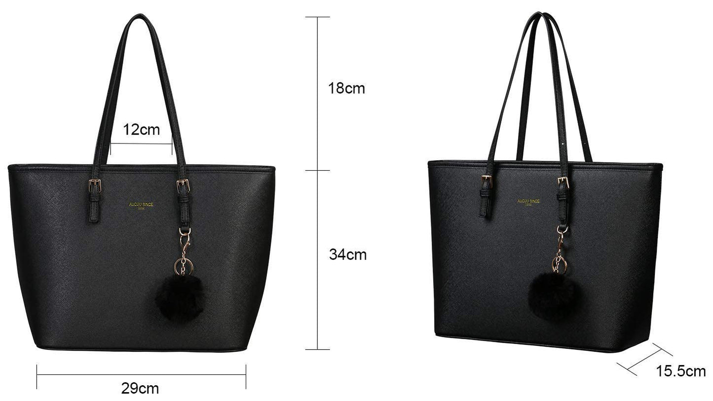 URAQT Women Handbag Tote Bag, 15.6 Inch PU Leather Shoulder Bag Laptop Bags with Adjustable Handle, Lightweight Stylish Designer Large Black Handbags for School Work Travel