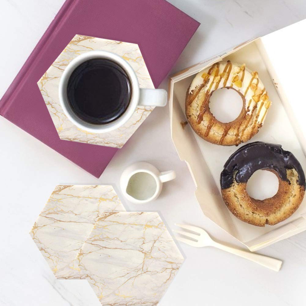 Marble Coasters for Drinks Absorbent with Cork Base, 8pcs Drink Coasters for Wooden Table with Metal Holder, Gold Ceramic Cup Coaster Set Rustic Home Decor for Living Room Bar Housewarming Gifts 4 ''
