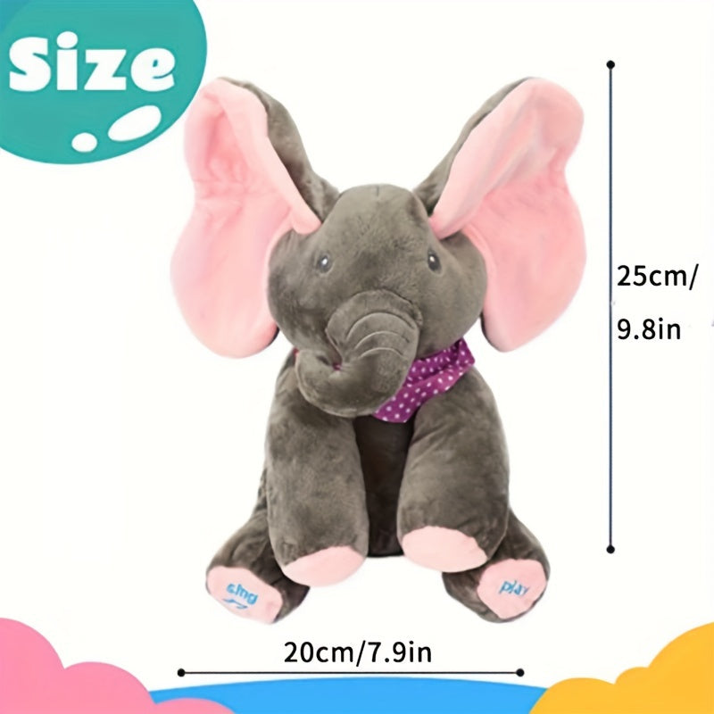 Plush elephant toy with measurements on a white background