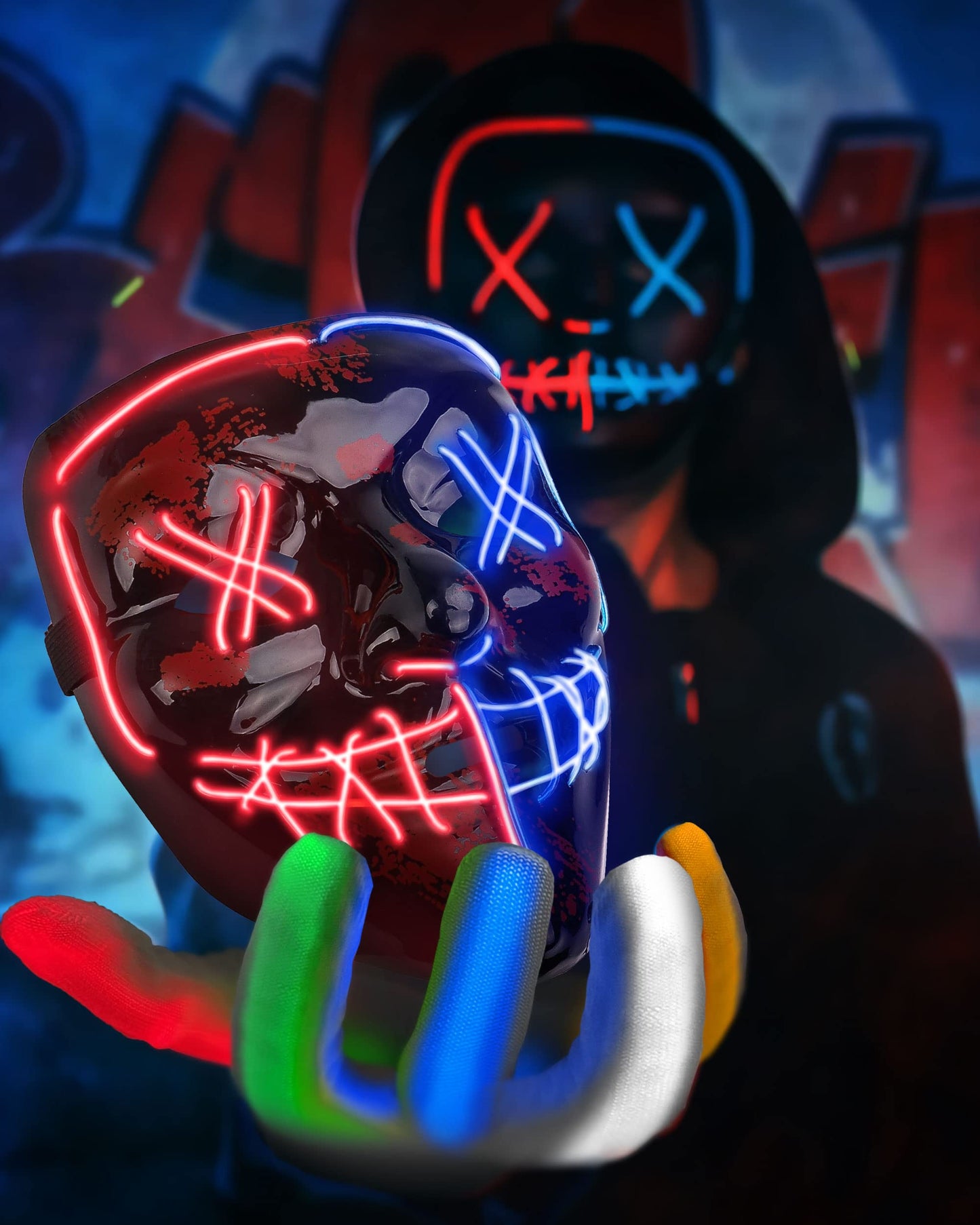 Colplay New LED Halloween Mask & Gloves in Multiple Light Modes, The Purge Mask Costume, Light up Scary Mask Gloves, Halloween Costumes for Women Kids Girls, Anonymous Neon Mask Halloween Gifts