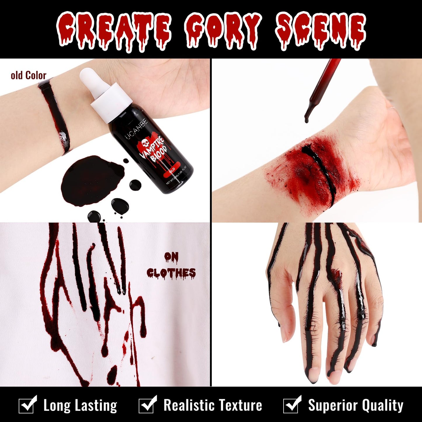 UCANBE Halloween Dripping Fake Blood Realistic Blood Drops Body Paint Washable Fake Blood Makeup Kit For Zombie Vampire Clown Monster Clothes Costume Cosplay SFX Special Effects Makeup 30ML(Dark)