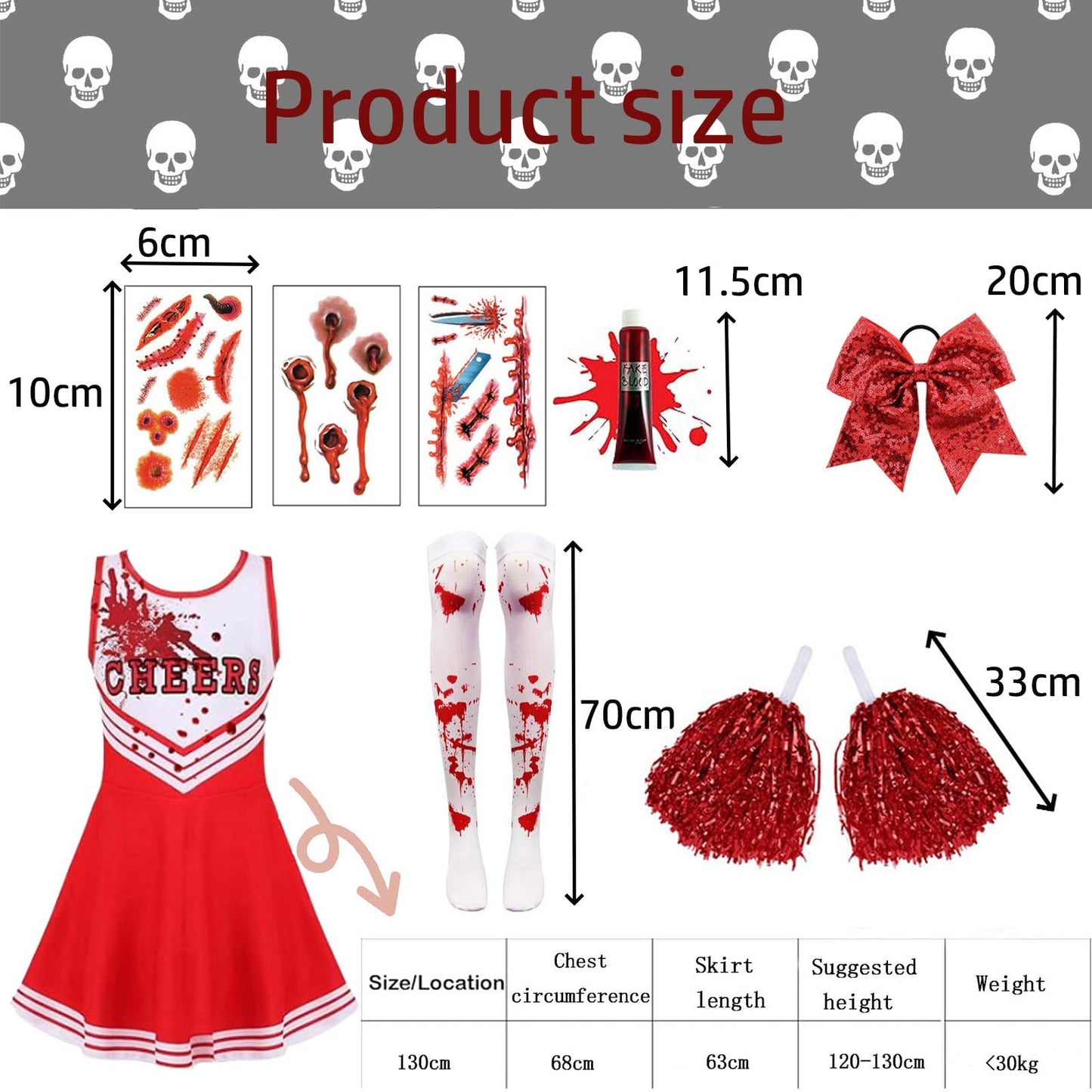 9PCS 130 yards/140 yards Cheerleader Outfit, Zombie Costume Cheerleader, Zombie Fancy Dress Outfit for Girls Girls' Cheerleader Uniform Outfits Womens Costume Cheerleader Costume Dress Outfit Kids