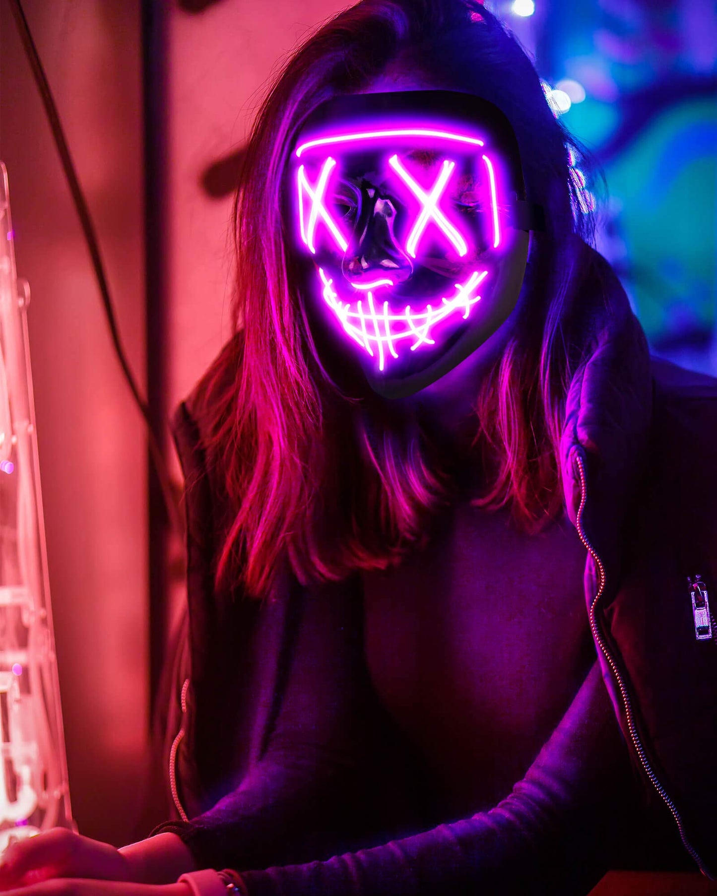 AnanBros Scary LED Halloween Mask, Light up Mask Cosplay, LED Rave Face Mask Costume 3 Lighting Modes, Halloween Face Masks for Men Women Kids