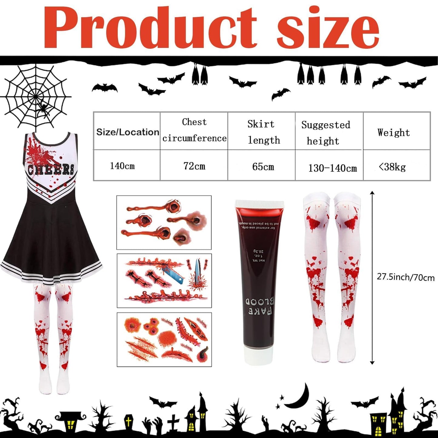 9PCS 130 yards/140 yards Cheerleader Outfit, Zombie Costume Cheerleader, Zombie Fancy Dress Outfit for Girls Girls' Cheerleader Uniform Outfits Womens Costume Cheerleader Costume Dress Outfit Kids