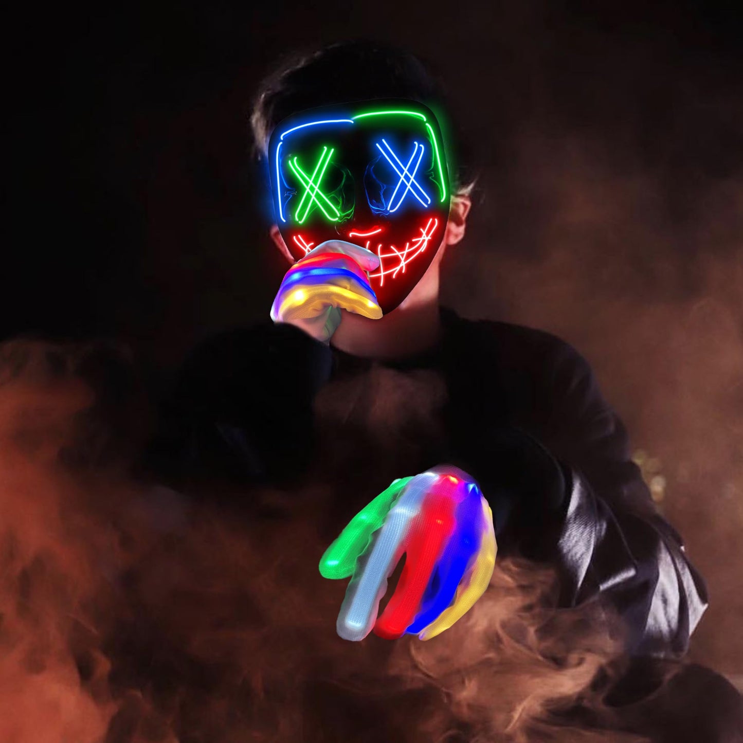 Colplay New LED Halloween Mask & Gloves in Multiple Light Modes, The Purge Mask Costume, Light up Scary Mask Gloves, Halloween Costumes for Women Kids Girls, Anonymous Neon Mask Halloween Gifts