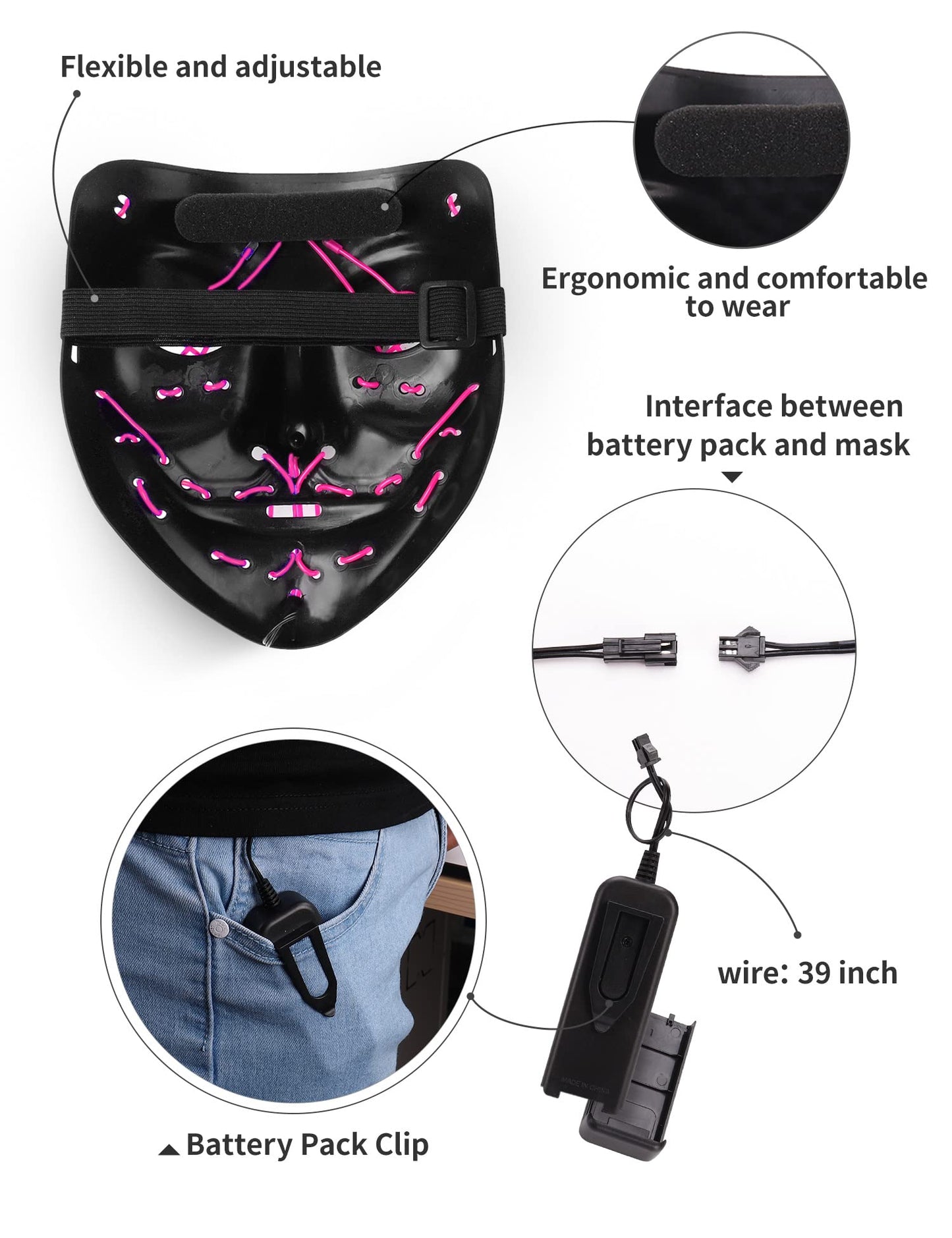 AnanBros Scary LED Halloween Mask, Light up Mask Cosplay, LED Rave Face Mask Costume 3 Lighting Modes, Halloween Face Masks for Men Women Kids