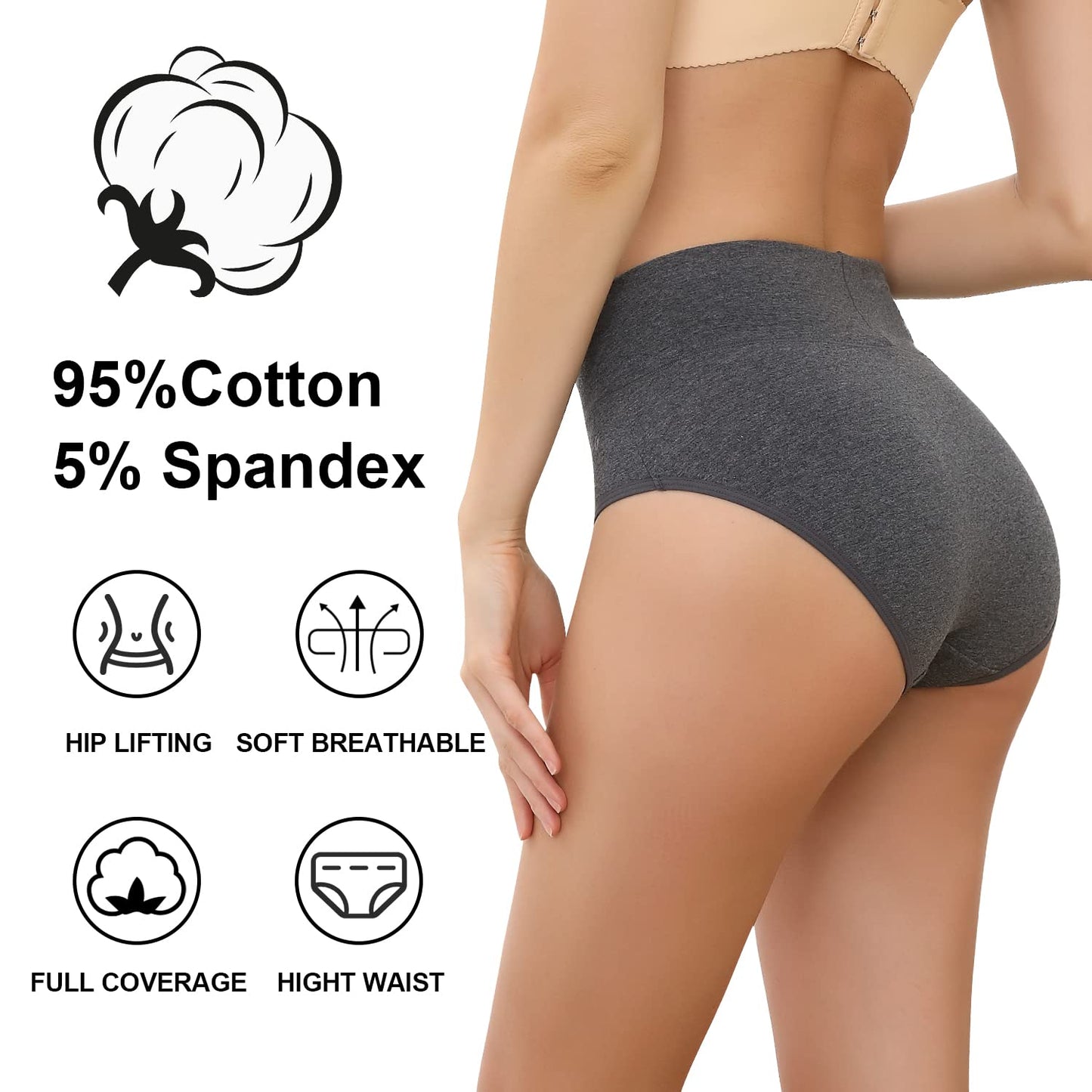 coskefy Underwear Women, High Waisted Cotton Knickers Ladies Full Briefs Soft Panties Slight Tummy Control Pants 5 Pack