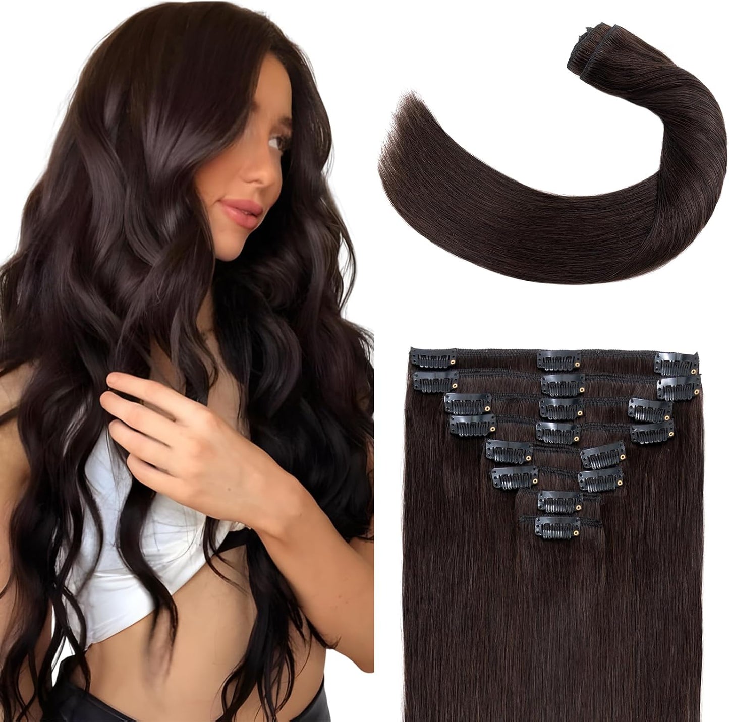 Elailite Clip in Hair Extensions Real Human Hair - 100% Remy Hair Straight 8 Pcs Thin Weft (#12/613 Golden Brown Mix Bleach Blonde, 10 Inch (50 g))