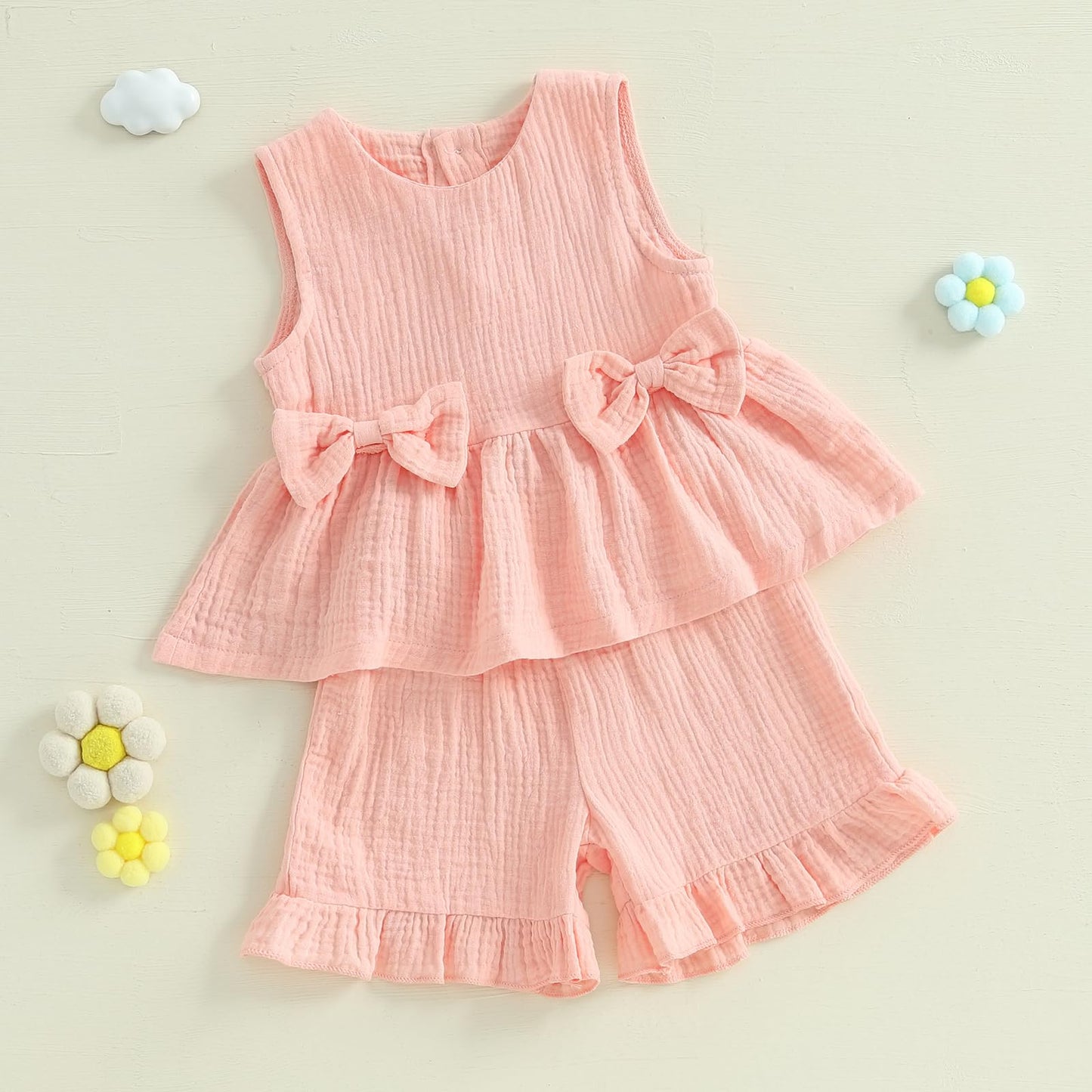YILEEGOO Toddler Baby Girl Summer Outfits Cotton Baby Clothes Ribbed Sleeveless Bow Ruffled Tank Vest Shirt Tops with Shorts Set