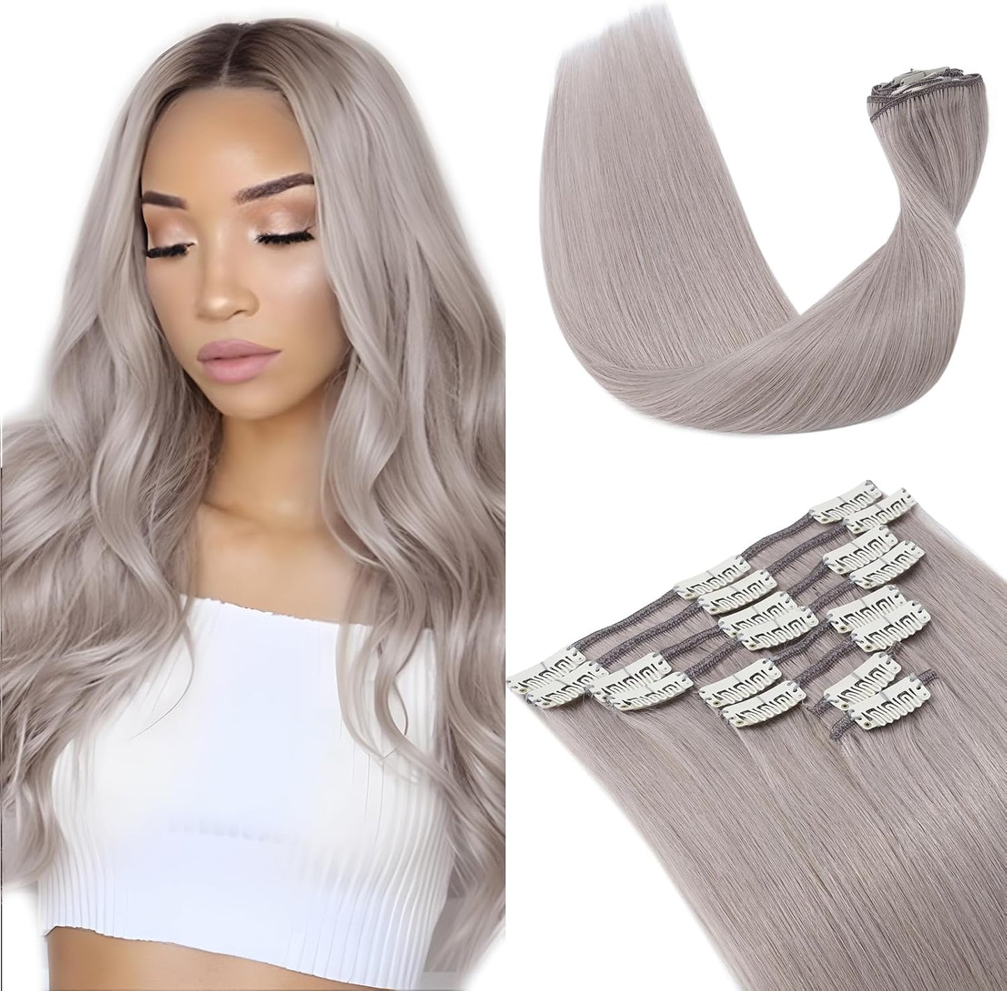Elailite Clip in Hair Extensions Real Human Hair - 100% Remy Hair Straight 8 Pcs Thin Weft (#12/613 Golden Brown Mix Bleach Blonde, 10 Inch (50 g))