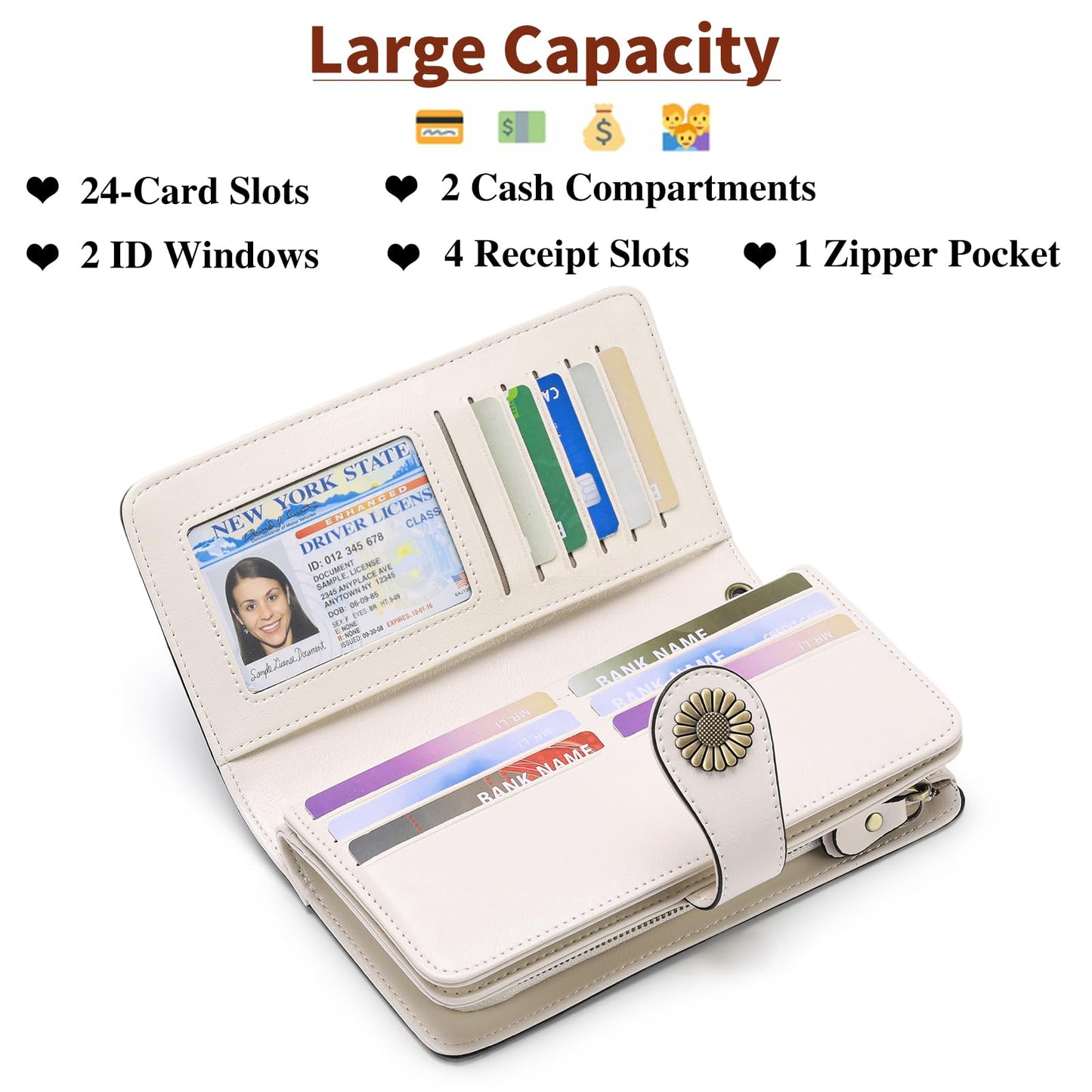 SENDEFN Genuine Leather Purses for Women, RFID Large Ladies Purse, Wallet for Women with Wrist Strap