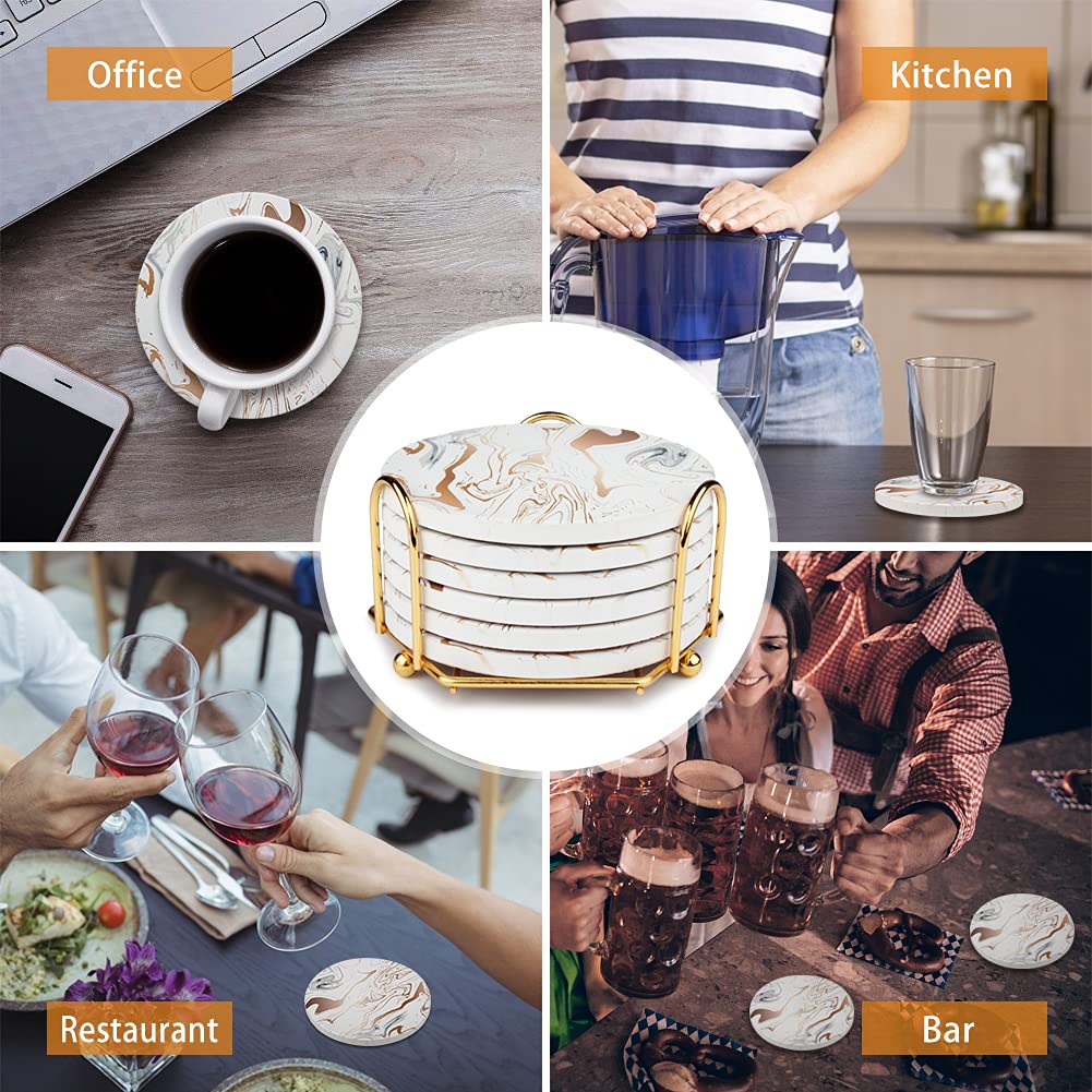 Marble Coasters for Drinks Absorbent with Cork Base, 8pcs Drink Coasters for Wooden Table with Metal Holder, Gold Ceramic Cup Coaster Set Rustic Home Decor for Living Room Bar Housewarming Gifts 4 ''