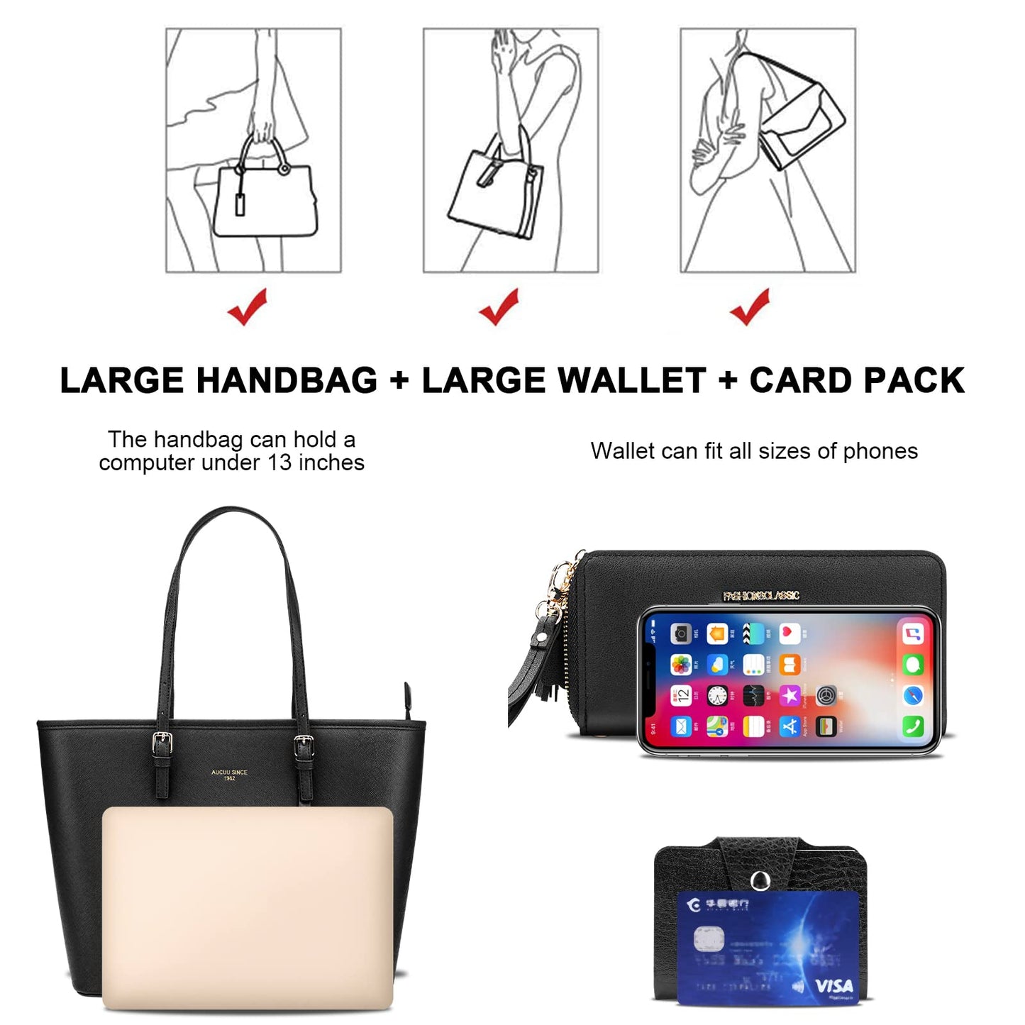 URAQT Women Handbag Tote Bag, 15.6 Inch PU Leather Shoulder Bag Laptop Bags with Adjustable Handle, Lightweight Stylish Designer Large Black Handbags for School Work Travel