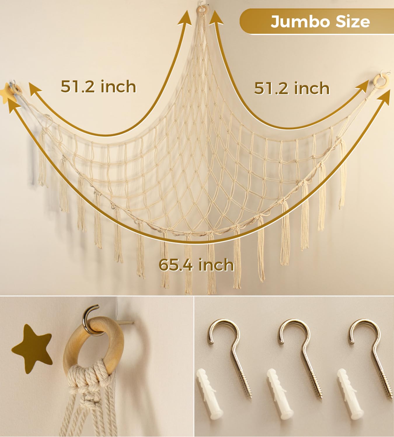 Stuffed Animal Storage Hammock - Baby Toy Hammock Net for Stuffed Animals Cute Room Decor -Large Stuff Animal Organizer Holder for Plush Plushie - Kids Nursery Beige Bedroom Home Decor