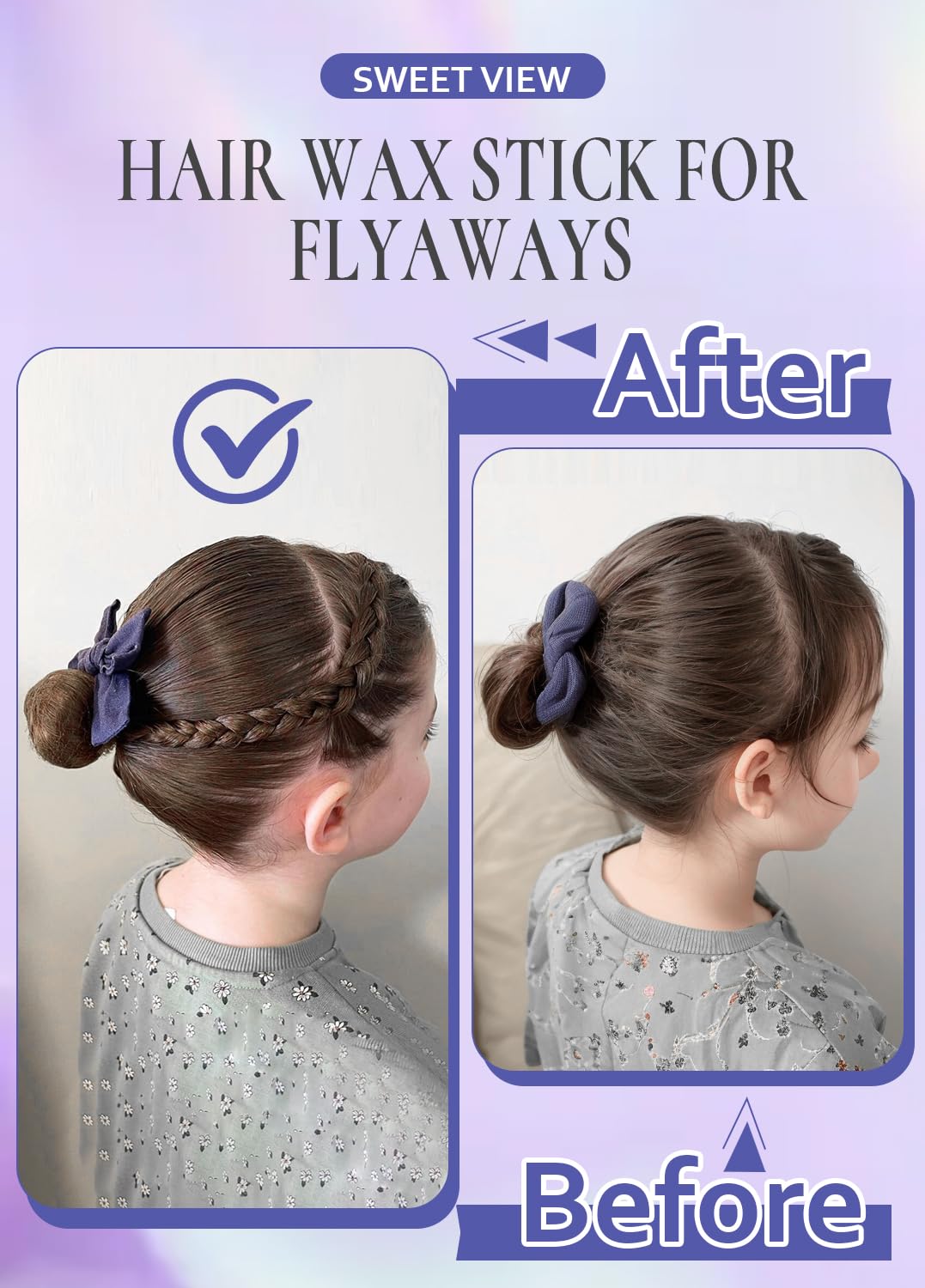 SWEET VIEW Hair Wax Stick & Slick Back Hair Brush for Tame Flyaways, Frizz, Sleek Ponytail, Buns | Pomade/Balm/Gel Stick for Woman, Styling Accessories for Girls, Kids