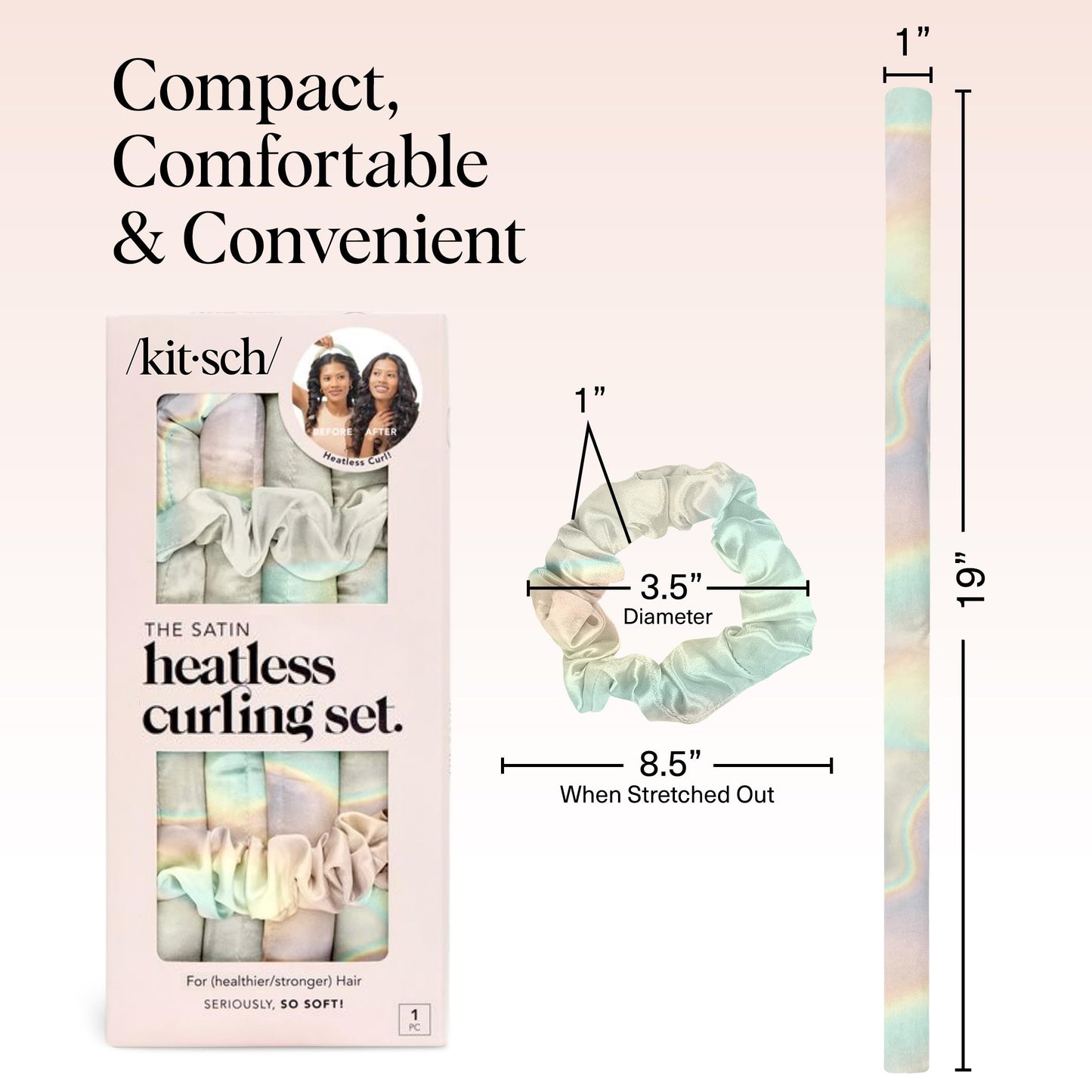 Kitsch Heatless Curling Set - Satin Heatless Curler, Hair Curler No Heat, Heatless Curler for long and short hair, Overnight Curls with 2 Satin Scrunchies and Blowout Rod - Sunset Tie Dye