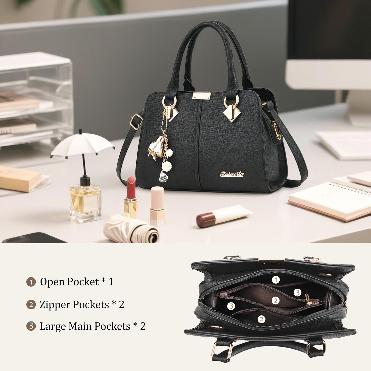 FORRICA Handbags for Women Elegant Pendant Ladies Shoulder Bags Top Handle Crossbody Bag PU Leather for Shopping Work Dating Black B