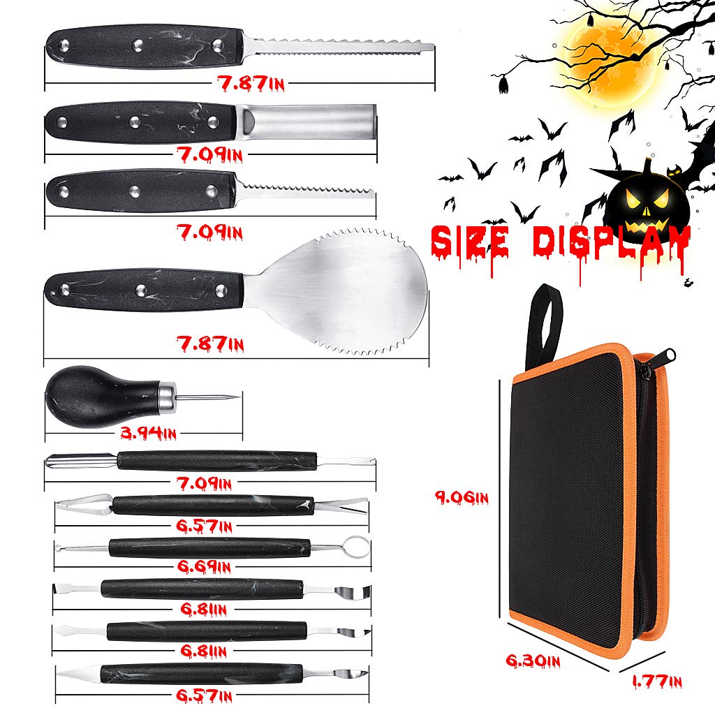 OWUDE Professional Pumpkin Carving Kit, 11 Pieces Heavy Duty Stainless Steel Carving Tools for Halloween with Carrying Case and 10 Pcs Carving Templates-Black