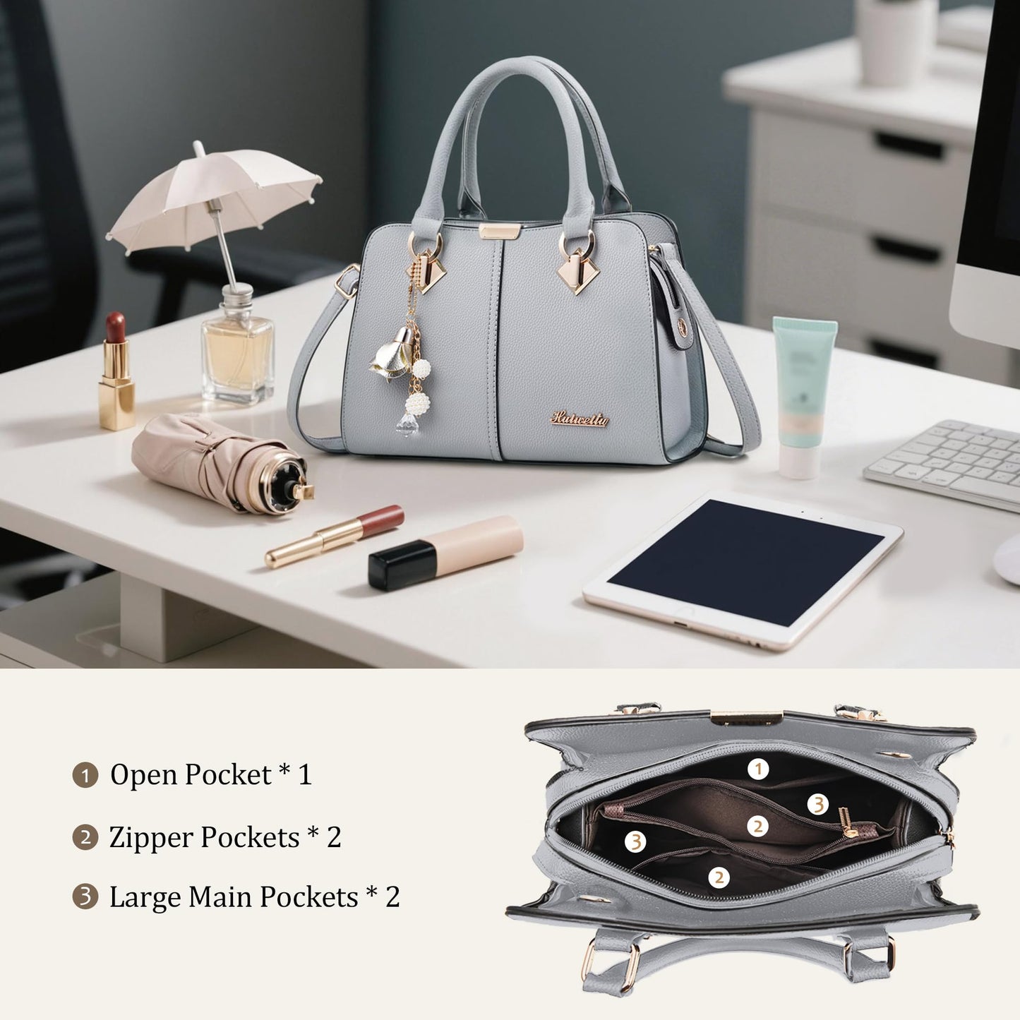 FORRICA Handbags for Women Elegant Pendant Ladies Shoulder Bags Top Handle Crossbody Bag PU Leather for Shopping Work Dating Black B