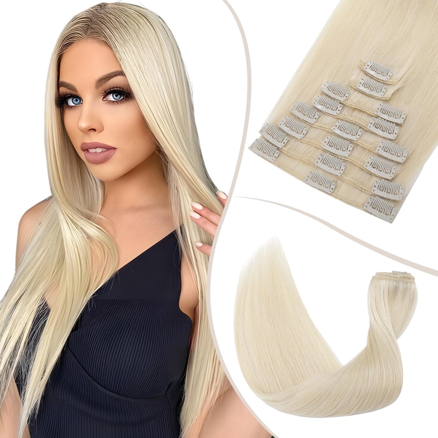 TESS Clip in Hair Extensions Real Human Hair Highlighted Remy Seamless 8 Pieces Straight Short for Women/Girls (#12P613 Golden Brown & Bleach Blonde, 10 Inch 50g)