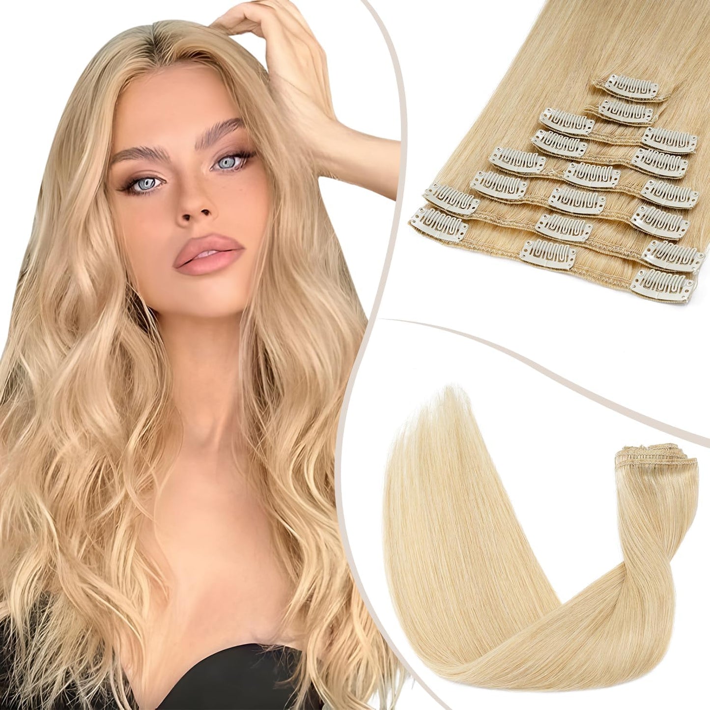 TESS Clip in Hair Extensions Real Human Hair Highlighted Remy Seamless 8 Pieces Straight Short for Women/Girls (#12P613 Golden Brown & Bleach Blonde, 10 Inch 50g)