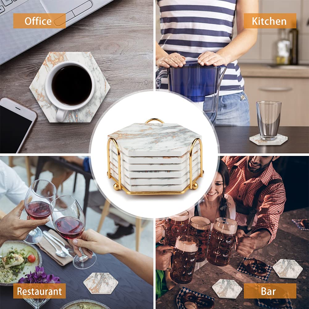Marble Coasters for Drinks Absorbent with Cork Base, 8pcs Drink Coasters for Wooden Table with Metal Holder, Gold Ceramic Cup Coaster Set Rustic Home Decor for Living Room Bar Housewarming Gifts 4 ''