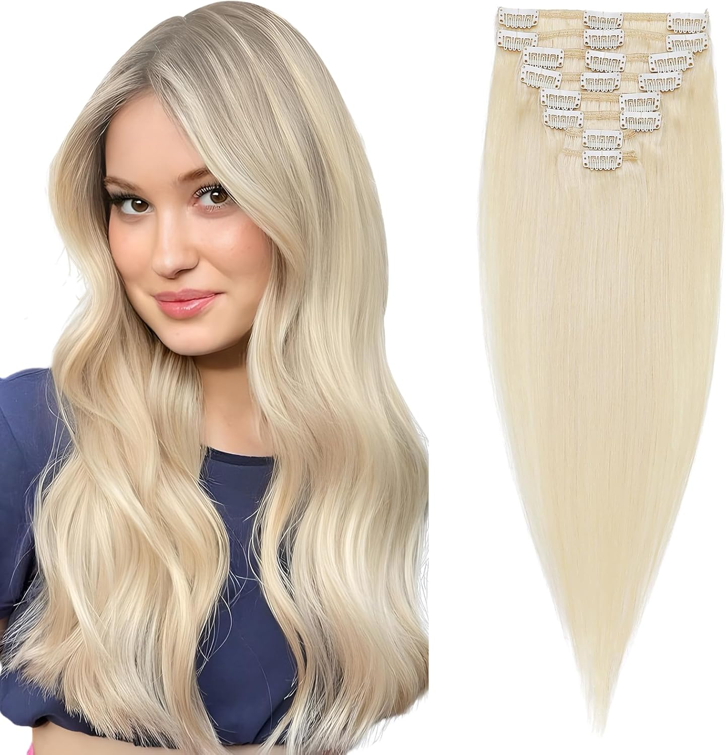 Elailite Clip in Hair Extensions Real Human Hair - 100% Remy Hair Straight 8 Pcs Thin Weft (#12/613 Golden Brown Mix Bleach Blonde, 10 Inch (50 g))