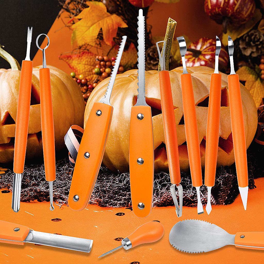 OWUDE Professional Pumpkin Carving Kit, 11 Pieces Heavy Duty Stainless Steel Carving Tools for Halloween with Carrying Case and 10 Pcs Carving Templates-Black
