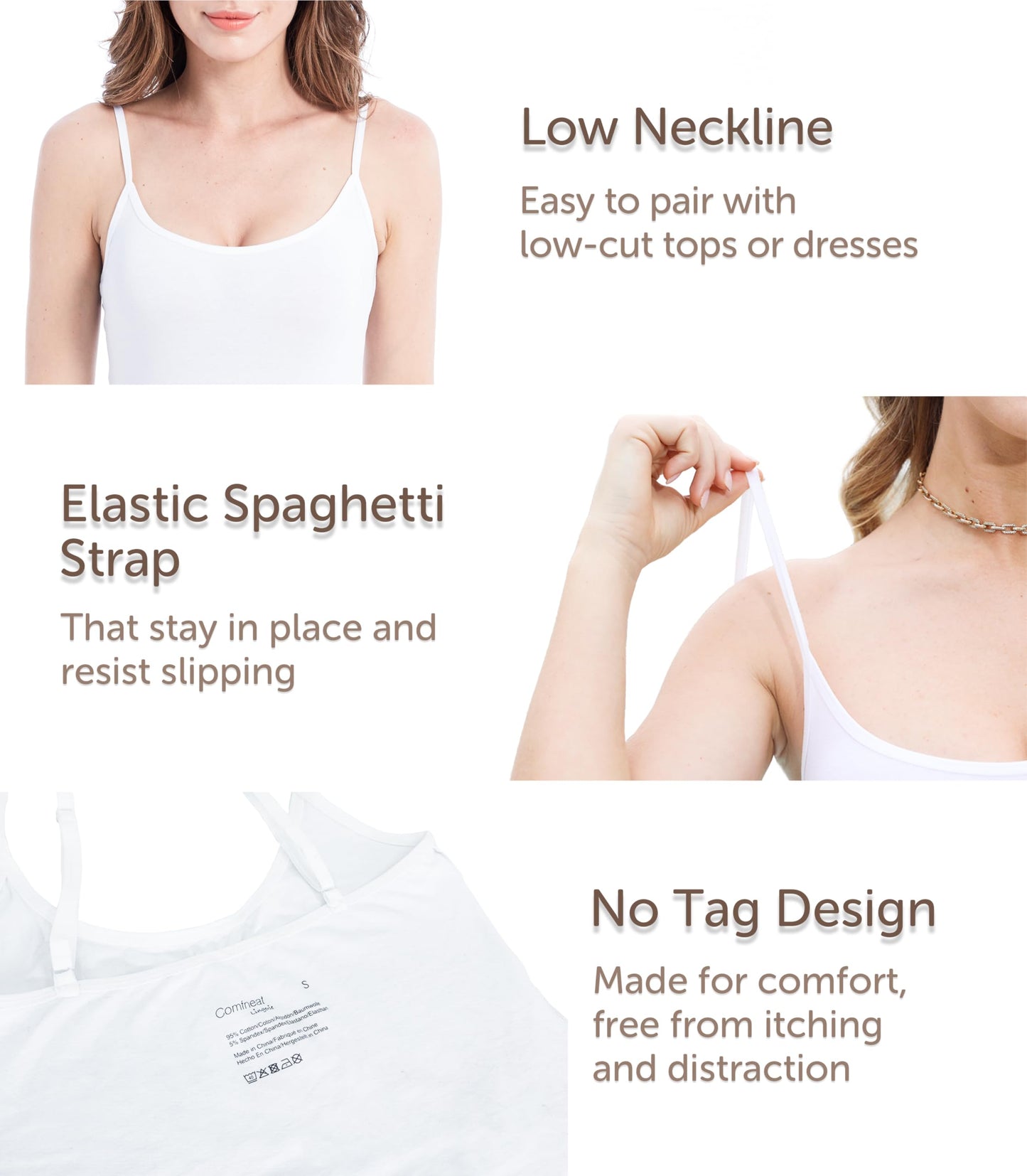 Comfneat Women's 4-Pack Slim-Fit Camisoles Adjustable Spaghetti Strap Cotton Top Undershirt