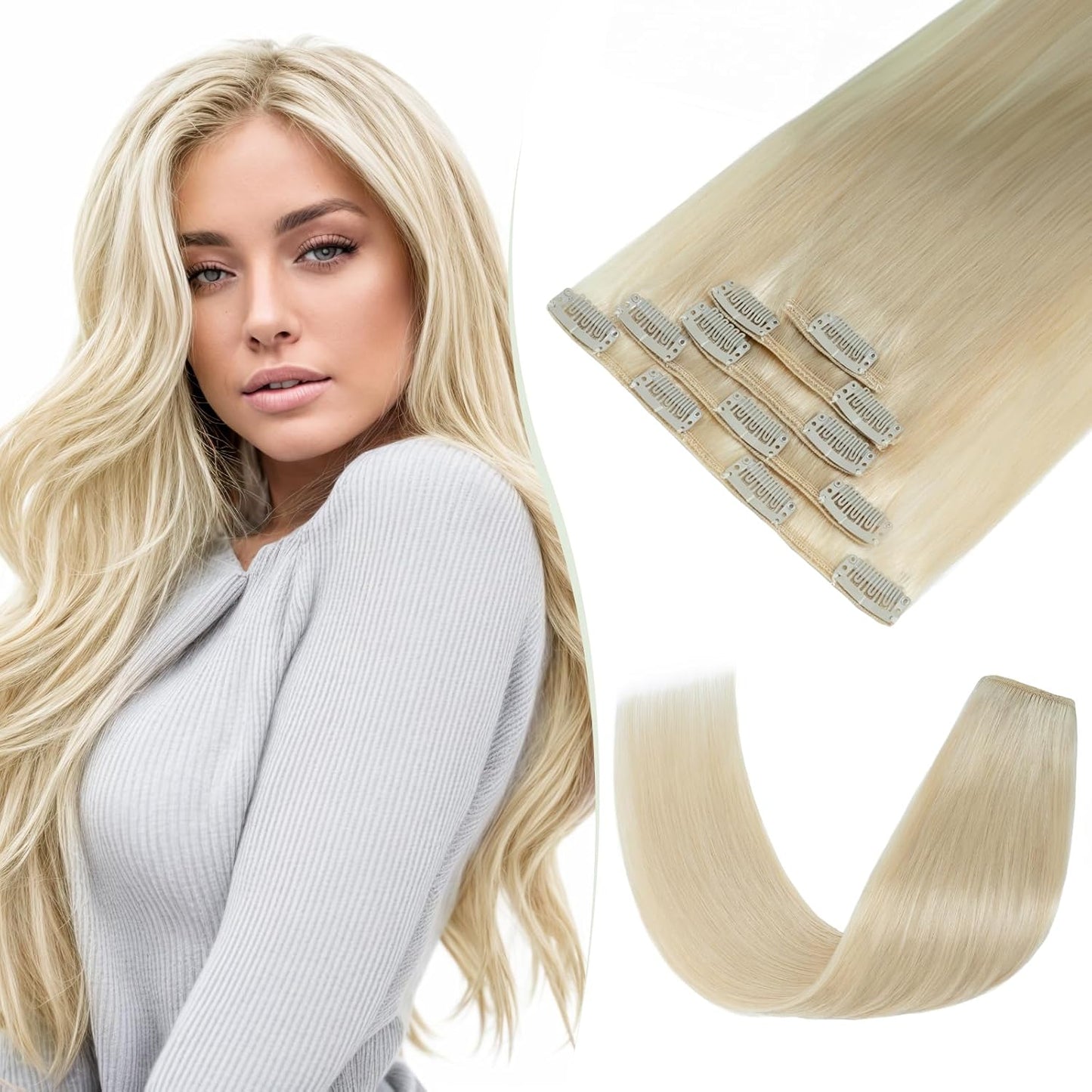 TESS Clip in Hair Extensions Real Human Hair Highlighted Remy Seamless 8 Pieces Straight Short for Women/Girls (#12P613 Golden Brown & Bleach Blonde, 10 Inch 50g)