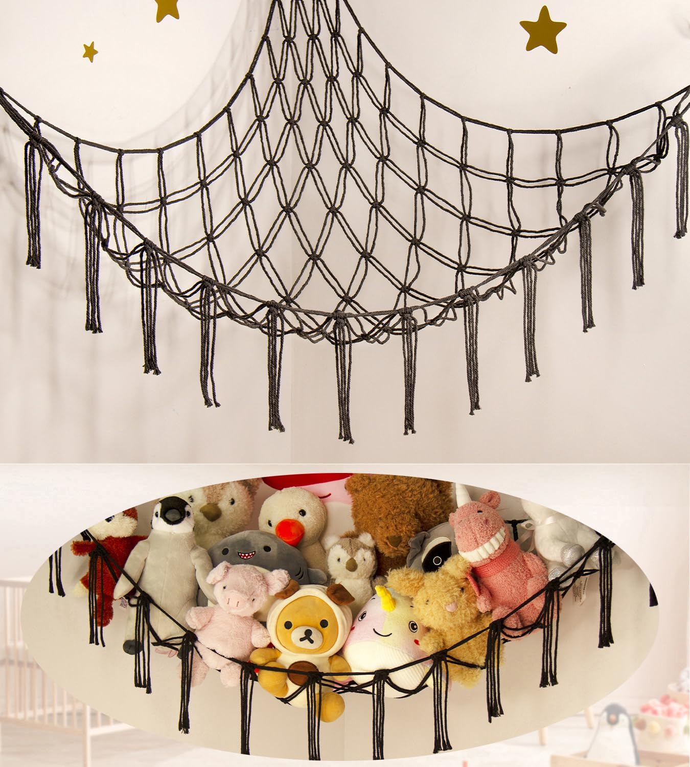 Stuffed Animal Storage Hammock - Baby Toy Hammock Net for Stuffed Animals Cute Room Decor -Large Stuff Animal Organizer Holder for Plush Plushie - Kids Nursery Beige Bedroom Home Decor