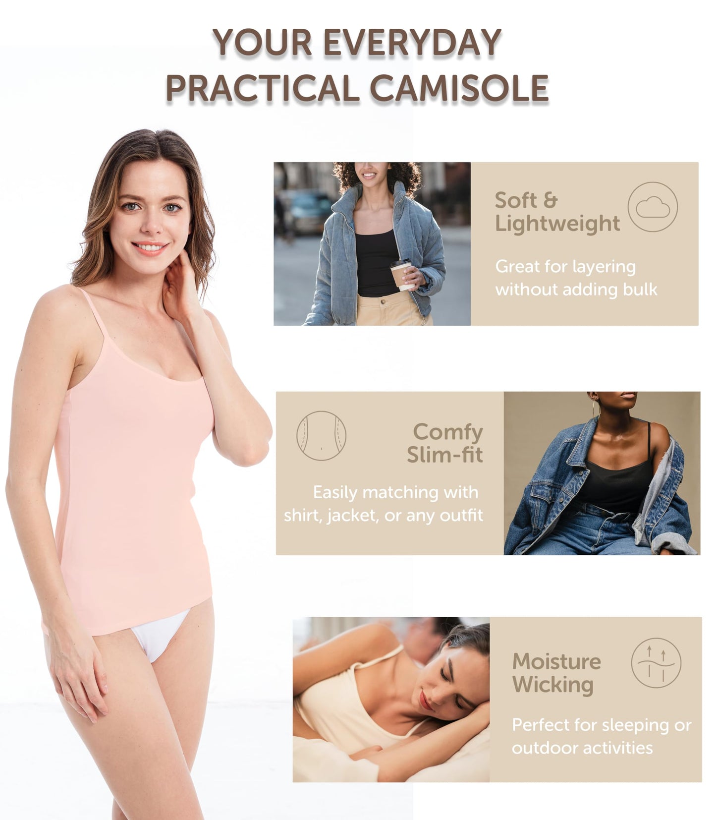 Comfneat Women's 4-Pack Slim-Fit Camisoles Adjustable Spaghetti Strap Cotton Top Undershirt