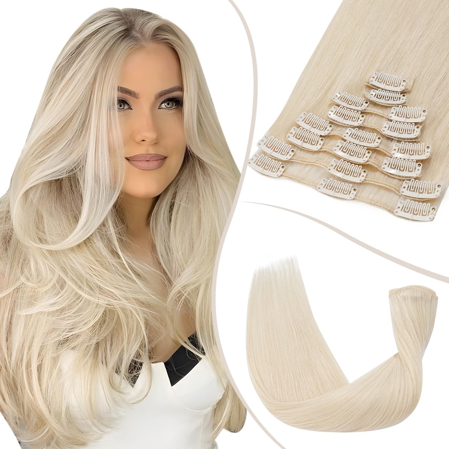TESS Clip in Hair Extensions Real Human Hair Highlighted Remy Seamless 8 Pieces Straight Short for Women/Girls (#12P613 Golden Brown & Bleach Blonde, 10 Inch 50g)