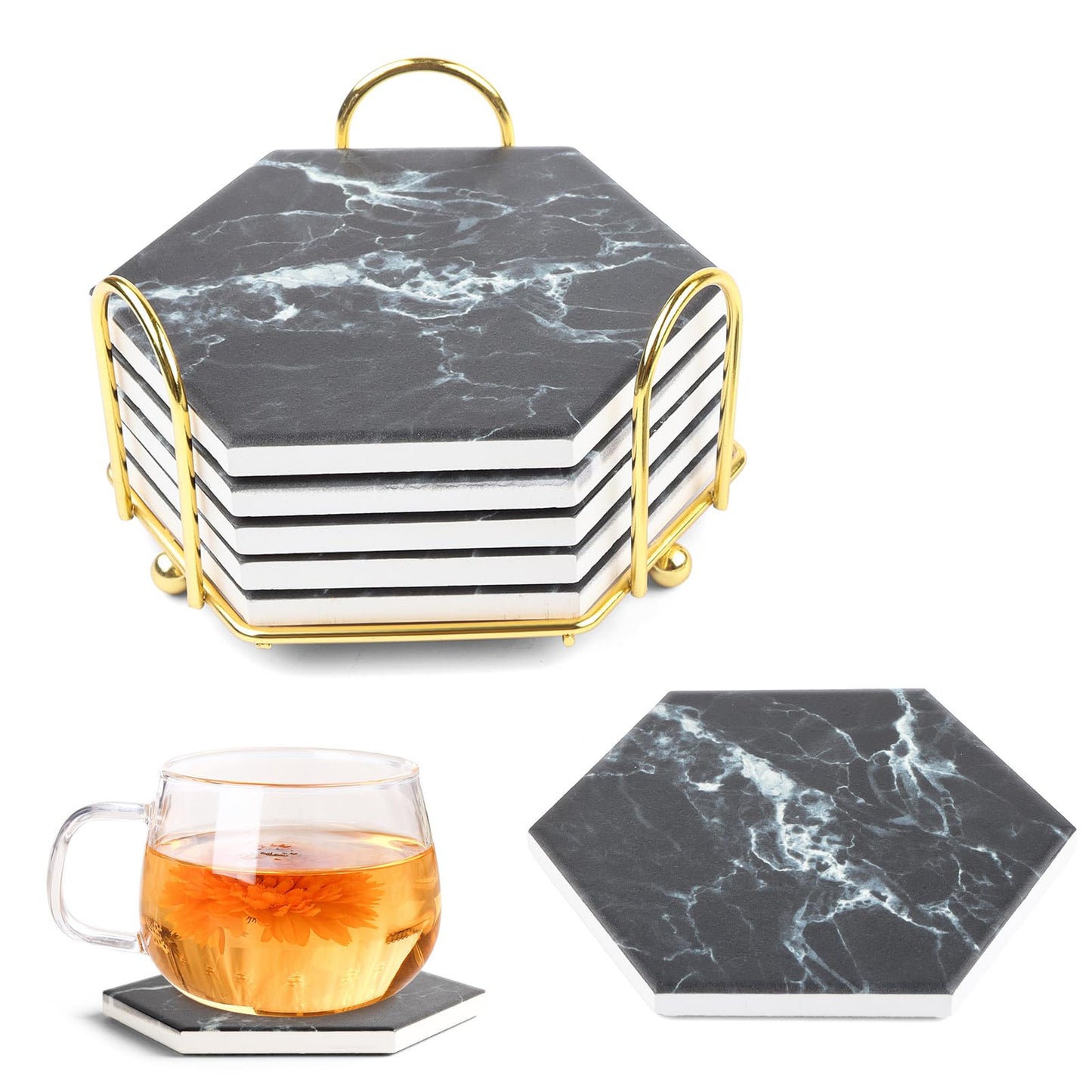 Marble Coasters for Drinks Absorbent with Cork Base, 8pcs Drink Coasters for Wooden Table with Metal Holder, Gold Ceramic Cup Coaster Set Rustic Home Decor for Living Room Bar Housewarming Gifts 4 ''