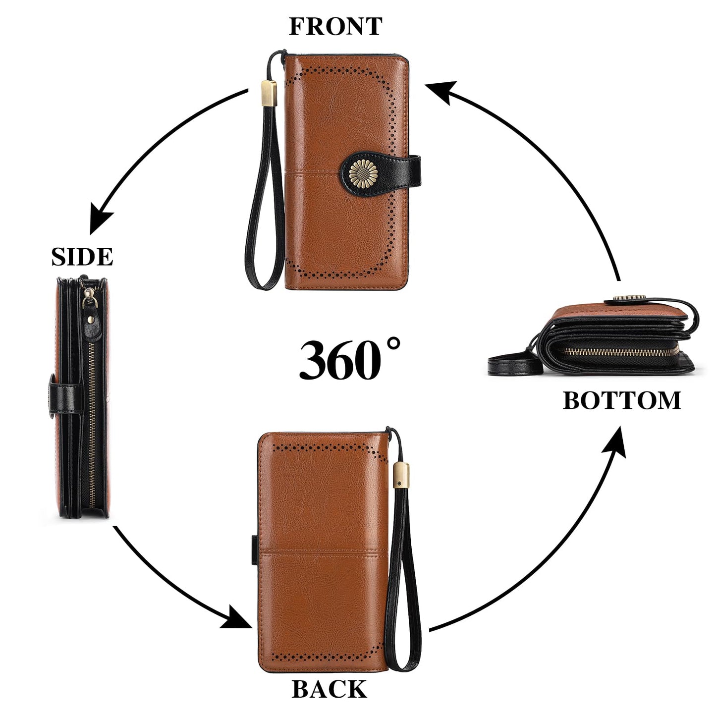 SENDEFN Genuine Leather Purses for Women, RFID Large Ladies Purse, Wallet for Women with Wrist Strap