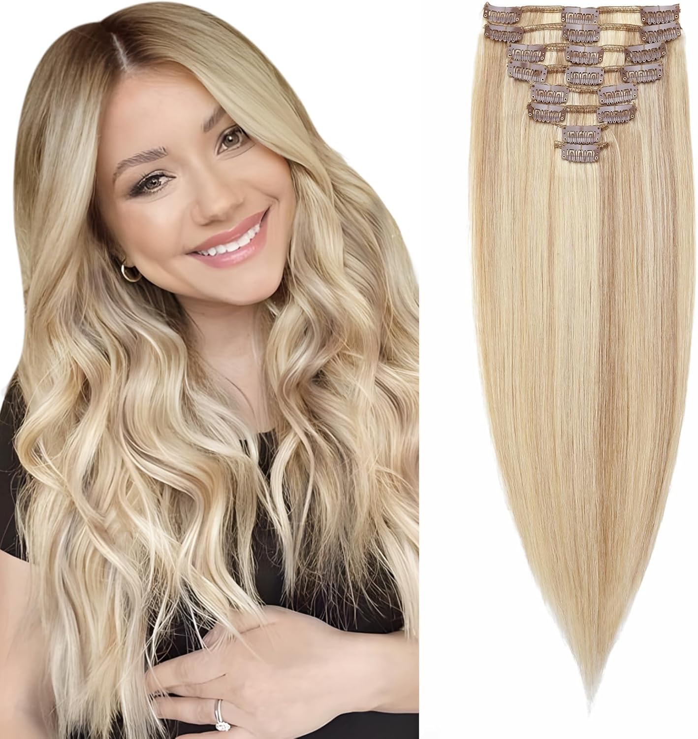Elailite Clip in Hair Extensions Real Human Hair - 100% Remy Hair Straight 8 Pcs Thin Weft (#12/613 Golden Brown Mix Bleach Blonde, 10 Inch (50 g))
