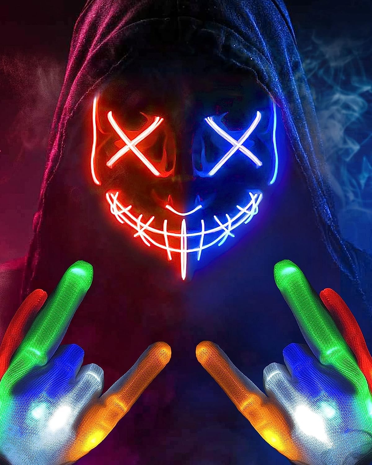 Colplay New LED Halloween Mask & Gloves in Multiple Light Modes, The Purge Mask Costume, Light up Scary Mask Gloves, Halloween Costumes for Women Kids Girls, Anonymous Neon Mask Halloween Gifts