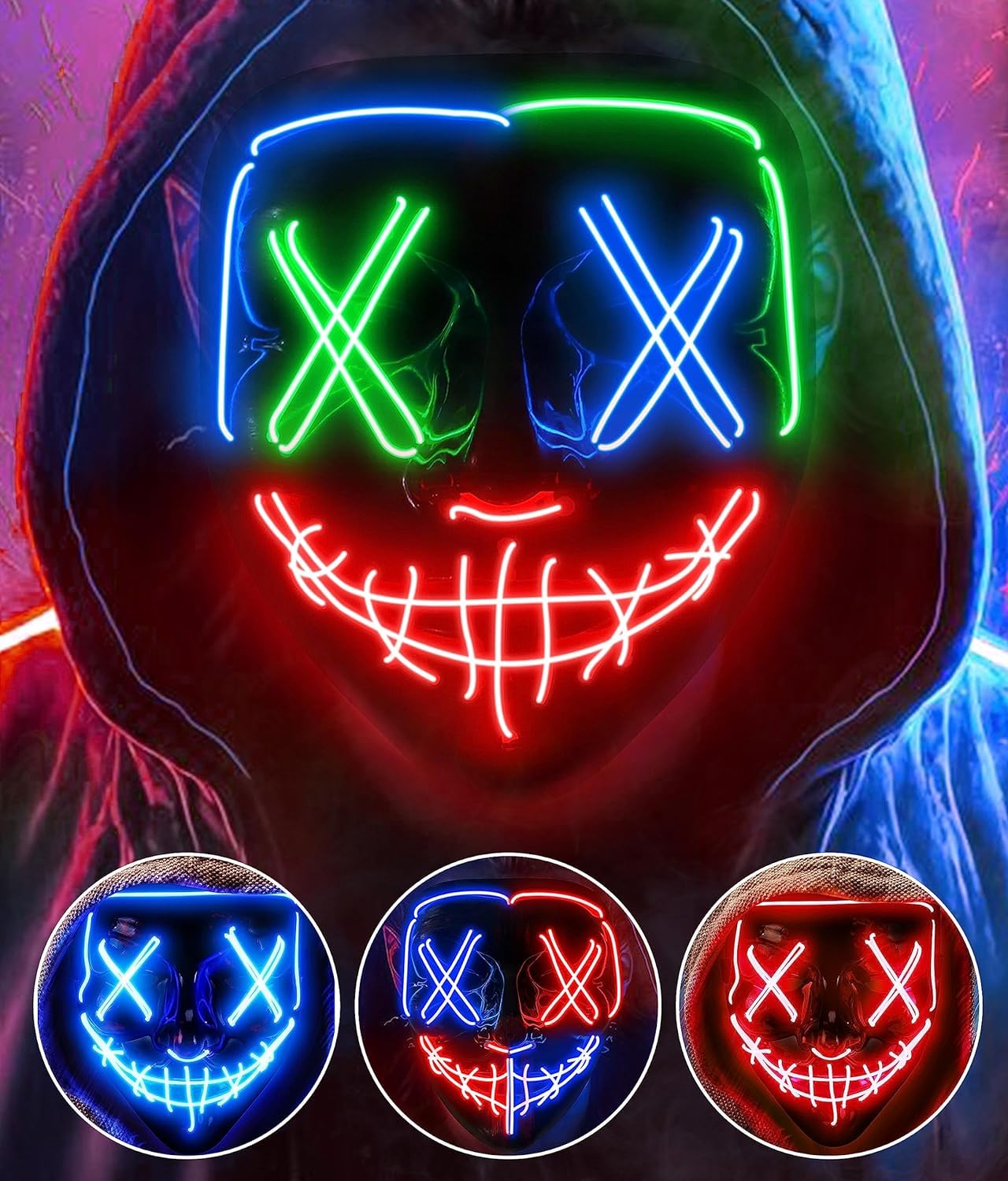 AnanBros Scary LED Halloween Mask, Light up Mask Cosplay, LED Rave Face Mask Costume 3 Lighting Modes, Halloween Face Masks for Men Women Kids